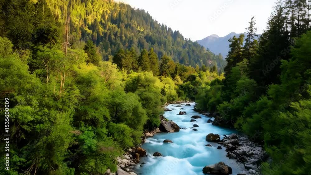 Poster aerial view of a fast flowing river cascading through rocks in a forest valley on a sunny day for an
