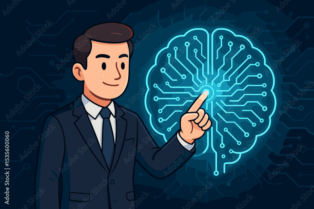 Poster businessman touching glowing digital brain circuit. ai for business innovation, machine learning, sm