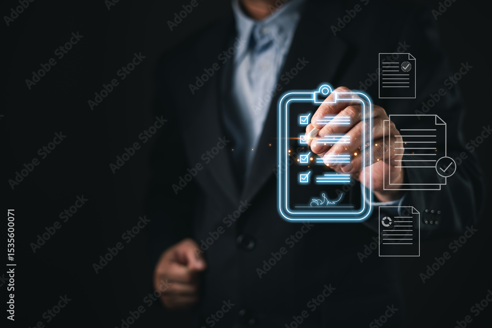 Poster the futuristic interface highlight digital document security.businessman presents a glowing digital 