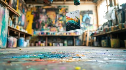 Vibrant Paint Splashes in Art Studio with Colorful Canvas Floating Above the Ground