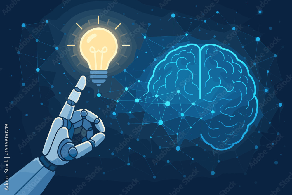 Poster artificial intelligence concept. robotic hand and light bulb idea symbol with a human brain. machine