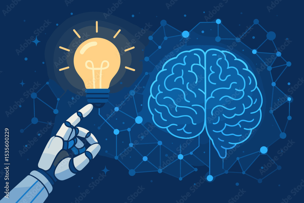 Poster artificial intelligence concept. robot hand touching light bulb for an idea. digital brain, machine 