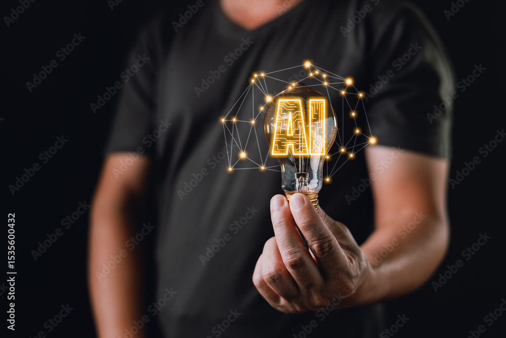 Poster a person holds a glowing lightbulb with digital connections and the text ai inside, symbolizing idea