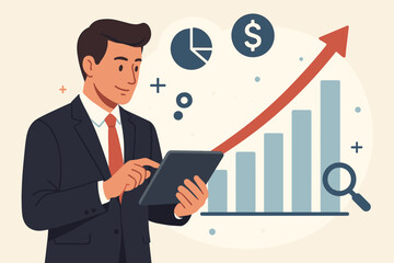 Businessman analyzing sales growth and financial report on tablet. Business success concept with growing graph and chart. Vector illustration of market data analysis and investment.