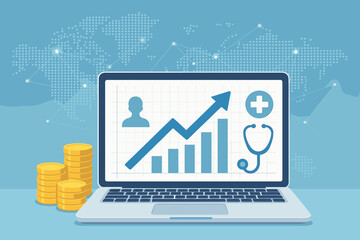 Healthcare business financial growth concept. Medical industry analytics with rising graph chart on laptop. Stethoscope, patient icon, money coins. Health insurance costs, economy.