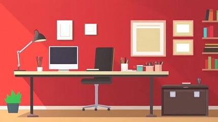 Modern Minimalist Home Office Design with Red Walls and Stylish Furniture for Productive Work Environment