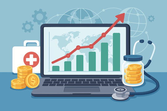 Concept of rising healthcare costs and medical business growth. Laptop with financial graph, stethoscope, money coins. Global health insurance analysis and investment vector concept.