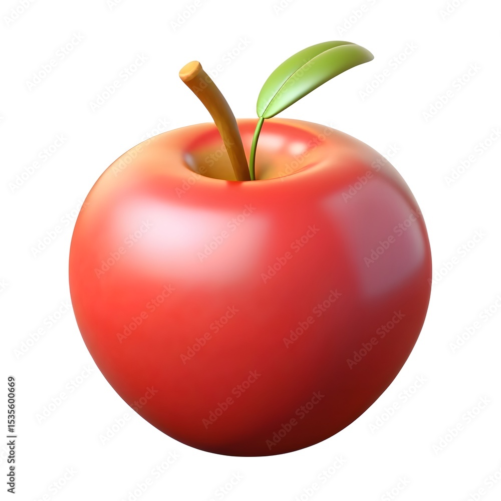 Fototapete single red apple with leaf 3d render isolated on a white background