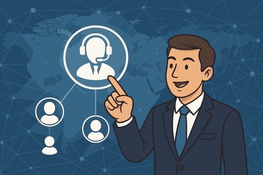 Businessman pointing at customer support icon. CRM strategy concept for global business. Customer relationship management, communication network, and client support vector illustration. - Powered by Adobe