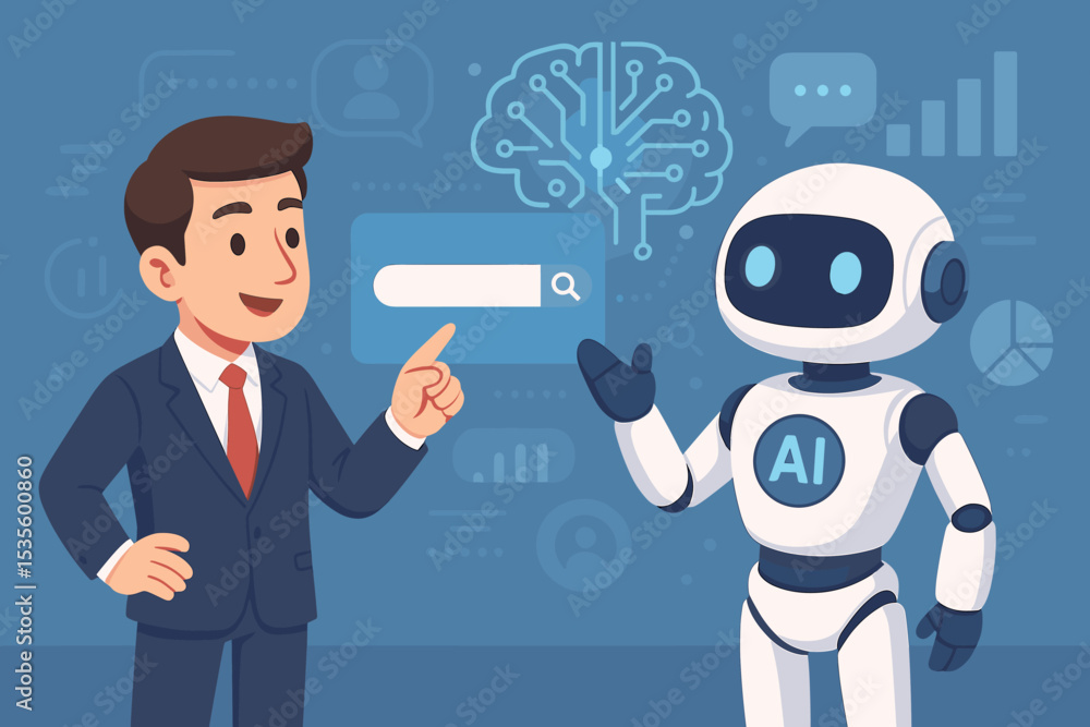 Poster businessman working with ai robot assistant. man interacts with chatbot for data analysis, search, a