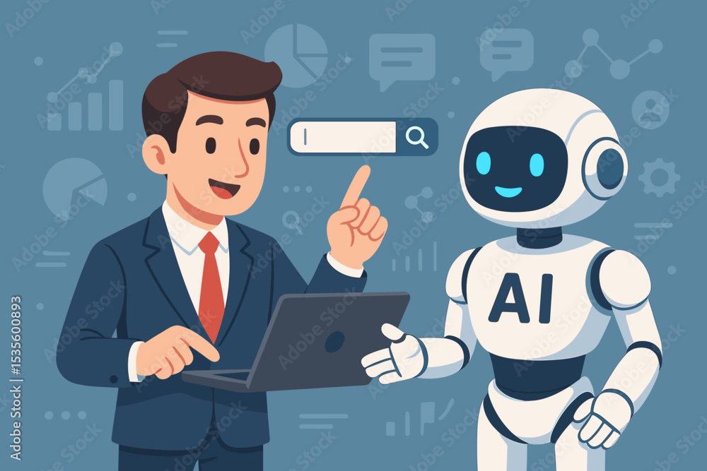 Poster businessman collaborating with an ai robot assistant on a laptop. artificial intelligence for busine
