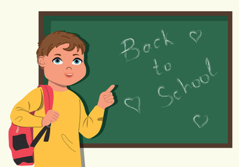 Happy cute school boy pointing with finger at blackboard. Back to school concept. Cute vector illustration in flat cartoon style