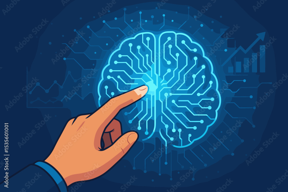 Aufkleber artificial intelligence concept. hand touching a digital brain circuit. ai & machine learning techno