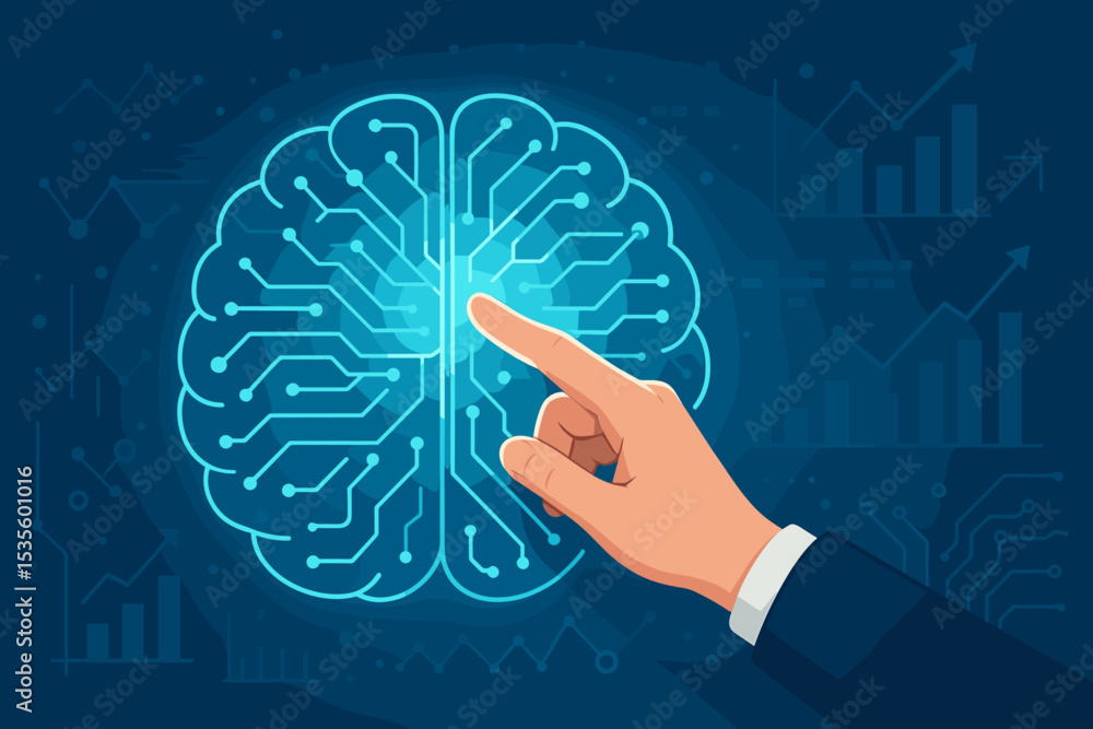 Poster artificial intelligence concept. businessman hand touching digital brain circuit. ai and machine lea