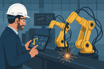 Fototapeta premium Engineer supervising robotic welding arms on a factory production line with a tablet. Smart manufacturing, automation, and Industry 4.0 technology concept. Modern industry.