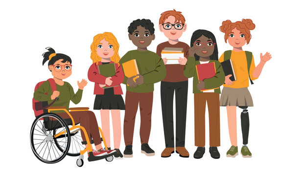 Group of schoolchildren of different nationalities. Back to school concept. Vector illustration