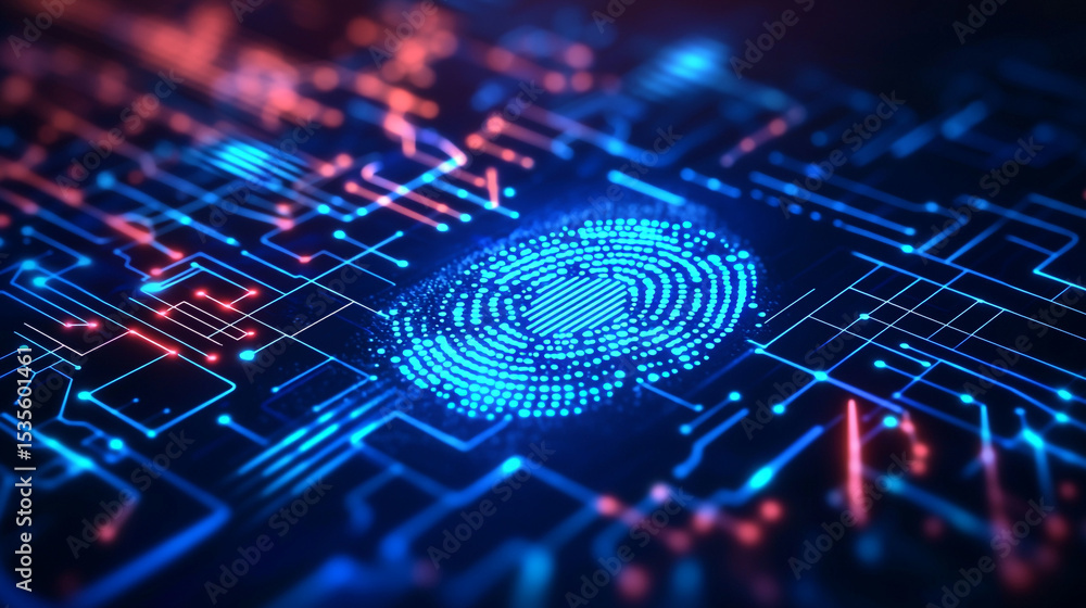 Poster a glowing fingerprint on a circuit board with blue and red lights in a dark background design elemen
