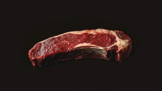 A raw ribeye steak with a prominent bone, displayed against a dark background.