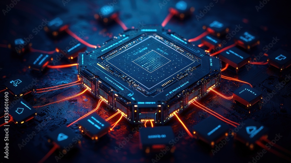 Poster highly detailed digital close-up of a futuristic computer microchip with glowing circuitry on dark b