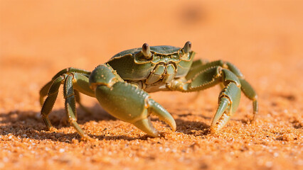 a green crab walking on orange sand. The image is well-lit with natural light and features clear details.