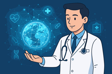 Global healthcare and medical technology concept with a doctor holding a digital earth. Innovation in medicine, futuristic health network, telemedicine research, science illustration.