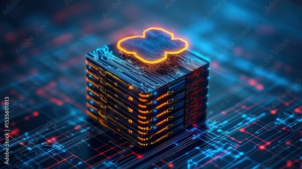 Poster futuristic cloud computing technology concept featu digital data storage and cyber network visualiza