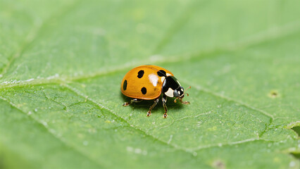Obraz premium a round, yellow ladybug with black spots resting on a green leaf that shows clear veins. Captured with a macro lens