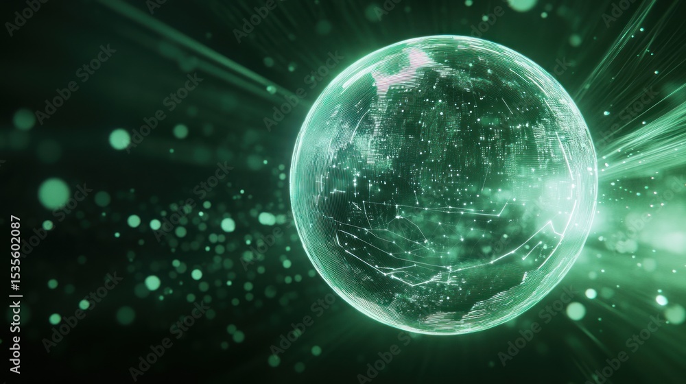 Poster green abstract globe network technology with glowing lines and blurred lights