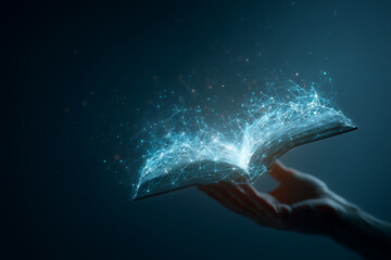 A human hand holding a glowing open book with digital data connections, symbolizing futuristic learning, artificial intelligence, technology in education, and the digital transformation of knowledge