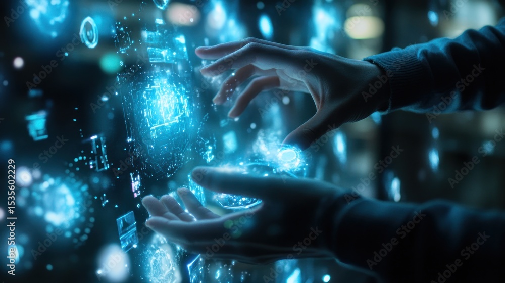 Aufkleber harnessing digital power, hands manipulating luminous interface elements, connecting virtual reality