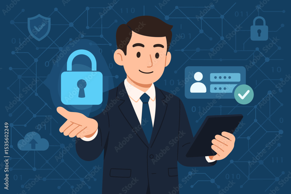 Poster cybersecurity concept with businessman holding tablet. digital security, data protection, and intern