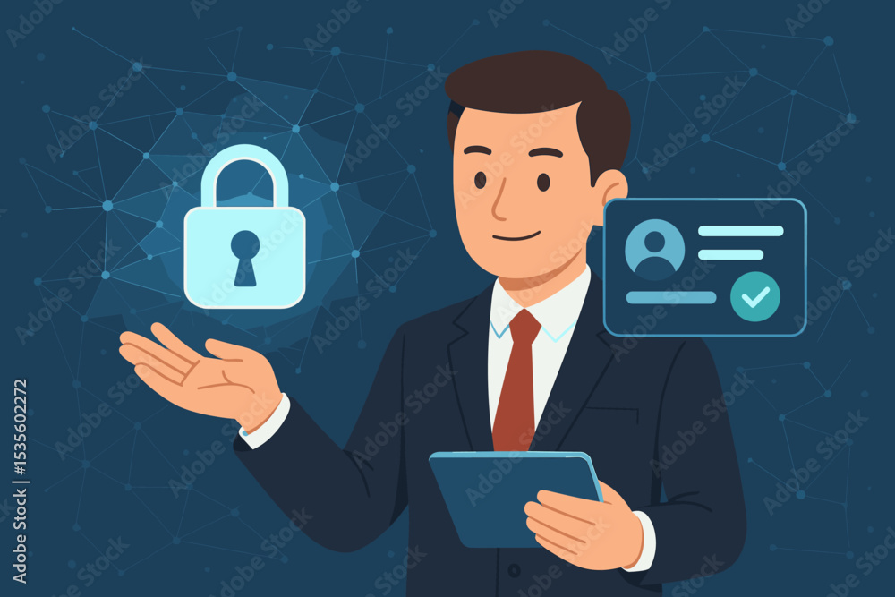 Poster businessman managing digital security and identity verification. cybersecurity concept for data prot