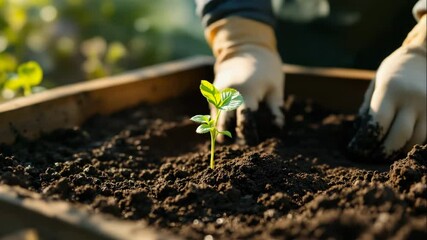 Planting hands yellow gloves place healthy seedling into rich soil sunset. Close-up seedling care garden environment. Green seedling, gardening action, nature care eco-lifestyle. - Powered by Adobe