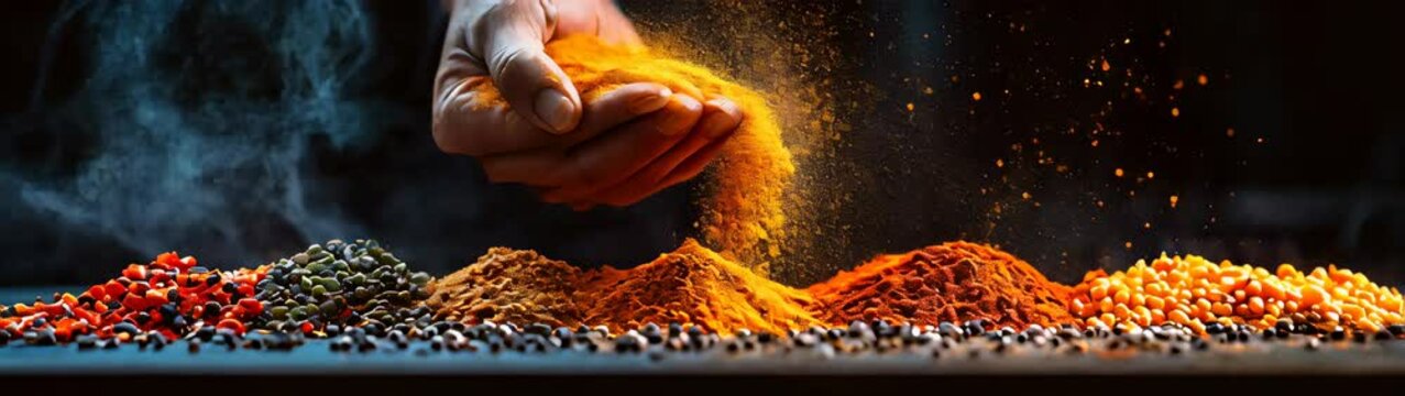 Someone sprinkles yellow powder onto a pile of spices