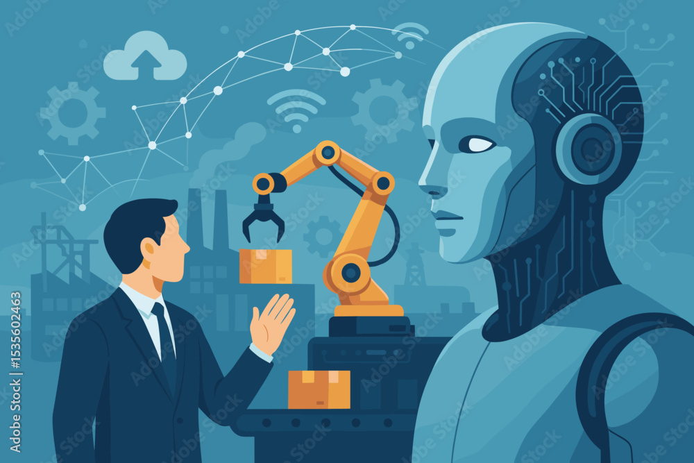 Poster industry 4.0 concept with artificial intelligence. businessman and ai robot overseeing smart factory
