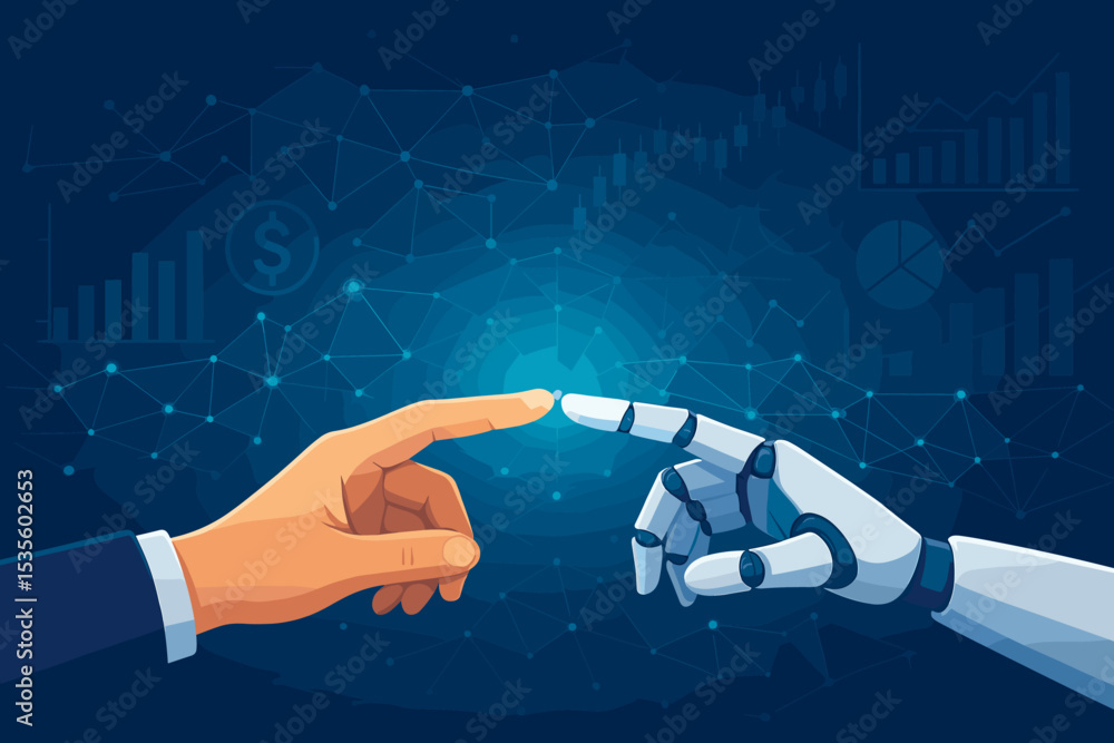 Poster human and robot hand touching connection. artificial intelligence partnership. digital transformatio