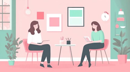 Two Women Engaged in Conversation in a Modern Office with Pastel Colors and Stylish Decor