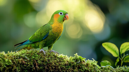 Olive throated parakeet perched on a mossy branch in a lush green natural environment outdoors