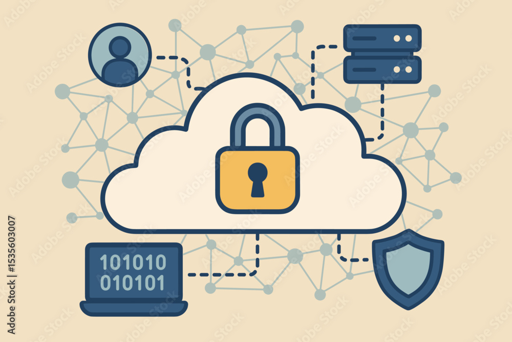 Poster cloud security concept illustration with padlock on cloud, secure server, data protection, privacy, 