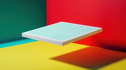 Floating Graph Paper on Vibrant Background with Geometric Shapes and Bold Colors for Creative Design Projects