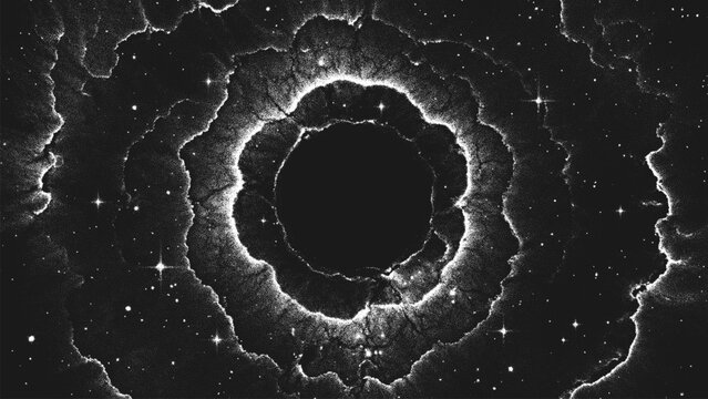 Amazing huge massive black hole surrounded by a cosmic nebula. Gravitational pull of the universe in a cosmic cloud storm of light and shadows. Dotwork. Pointillism. Dots shading. Vector illustration