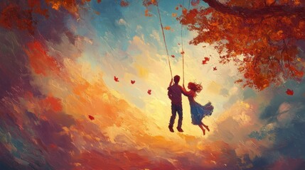 Romantic painted scene of a couple on a swing surrounded by autumn leaves