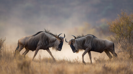 Two majestic blue wildebeest face off in a dramatic standoff amidst a hazy, golden savanna. Dust rises as they lock horns, showcasing raw power and the intense competition of the African wild.
