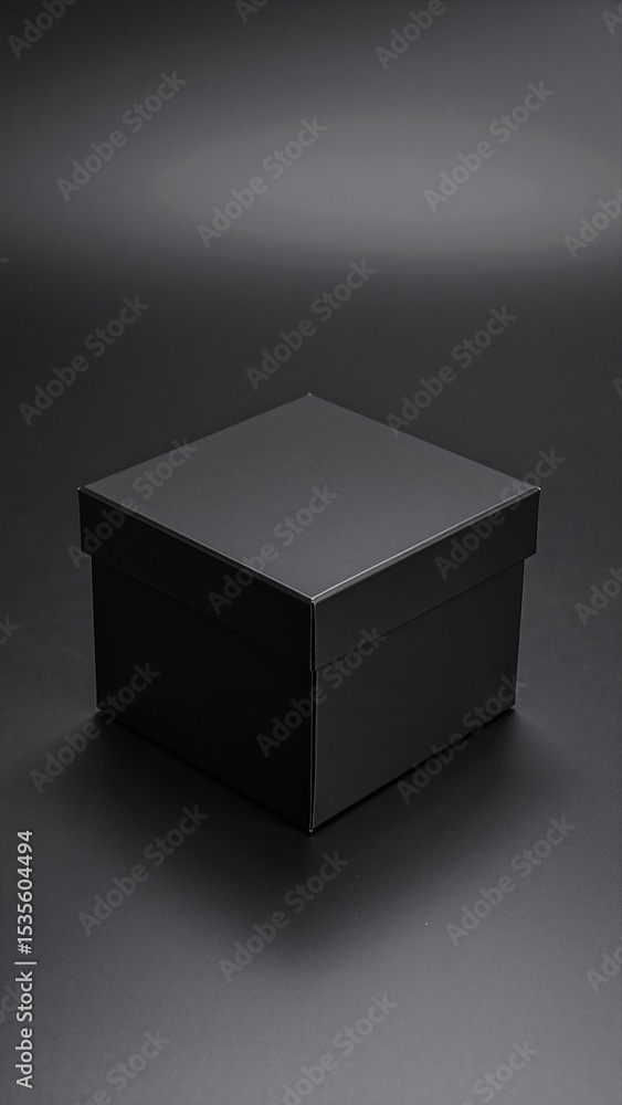 Poster a sleek, matte black box with sharp edges and a smooth surface, resting on a wooden table, casting a