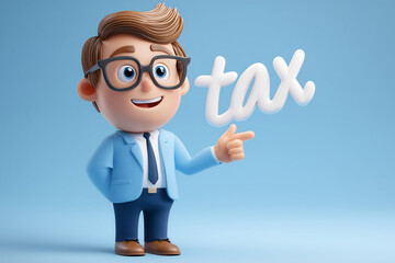 A smiling 3D cartoon businessman in a suit and glasses, pointing at the word "tax" in a friendly and professional manner, isolated on a clean blue background