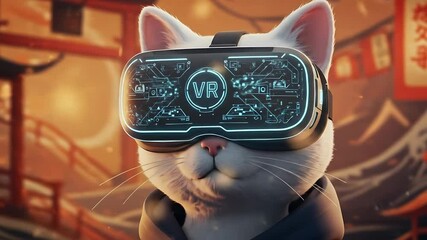 Cat Wearing Headset in Futuristic Environment