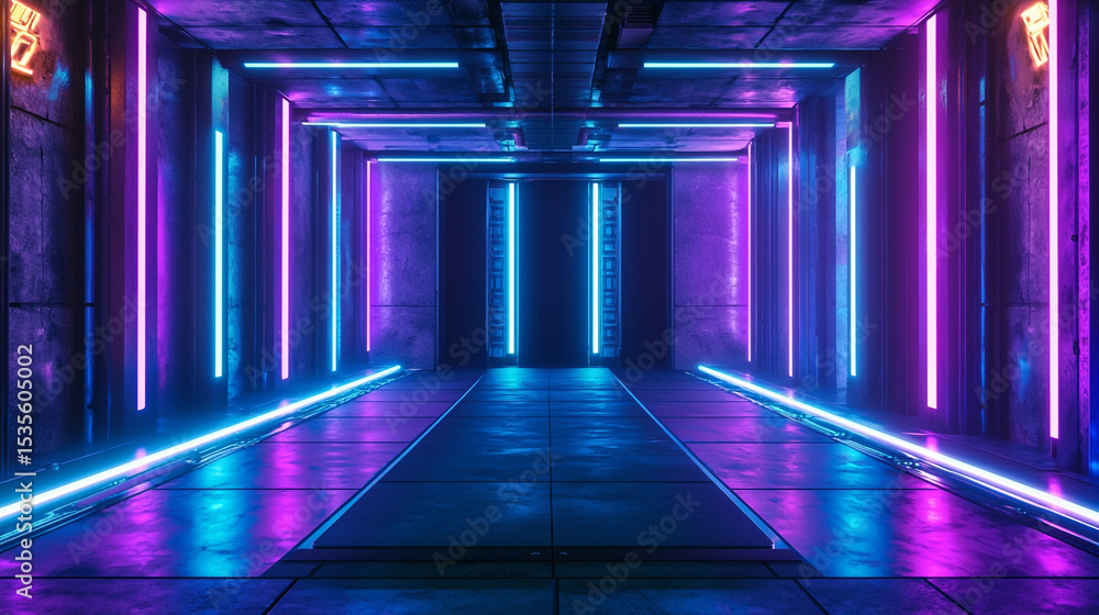 Aufkleber futuristic corridor with neon lights illuminating the path in a sci fi setting and concrete walls