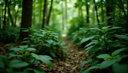 Fototapeta premium A captivating canopy of green, sunlight filters through dense forest foliage lush