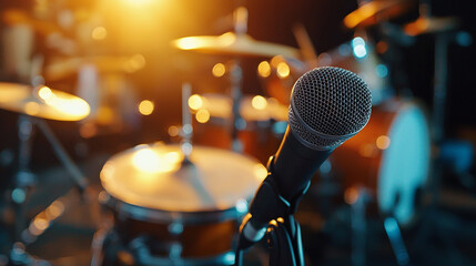 A microphone in focus with a drum set and cymbals blurred in the background on a stage setting