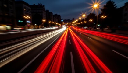 Obraz premium Dynamic blur of cars in motion, a captivating display of speed, city lights, and automotive photography